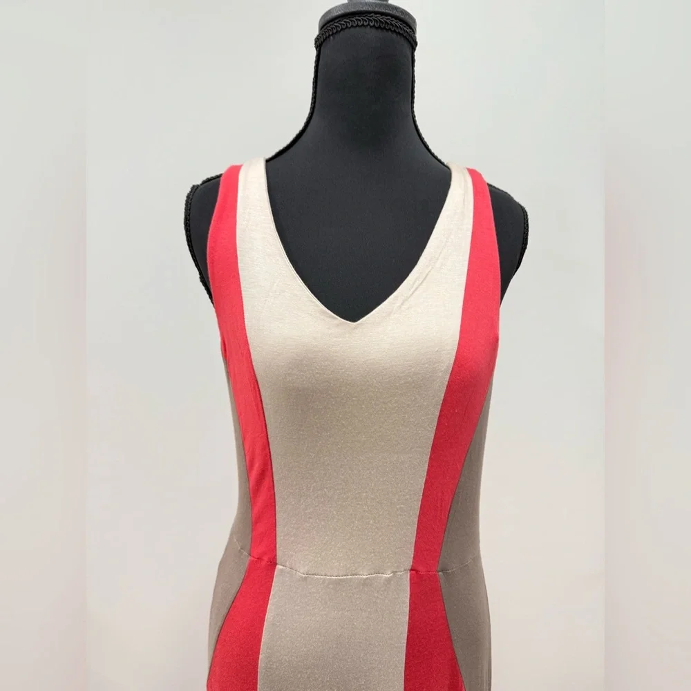 Monteau Cream and Red Sheath Maxi Dress V-Neck Sleeveless - Picture 2 of 6
